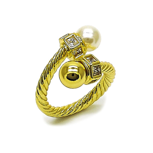 Oro Laminado Multi Stone Ring, Gold Filled Style Twist and Ball Design, with White Cubic Zirconia and Ivory Pearl, Polished, Golden Finish