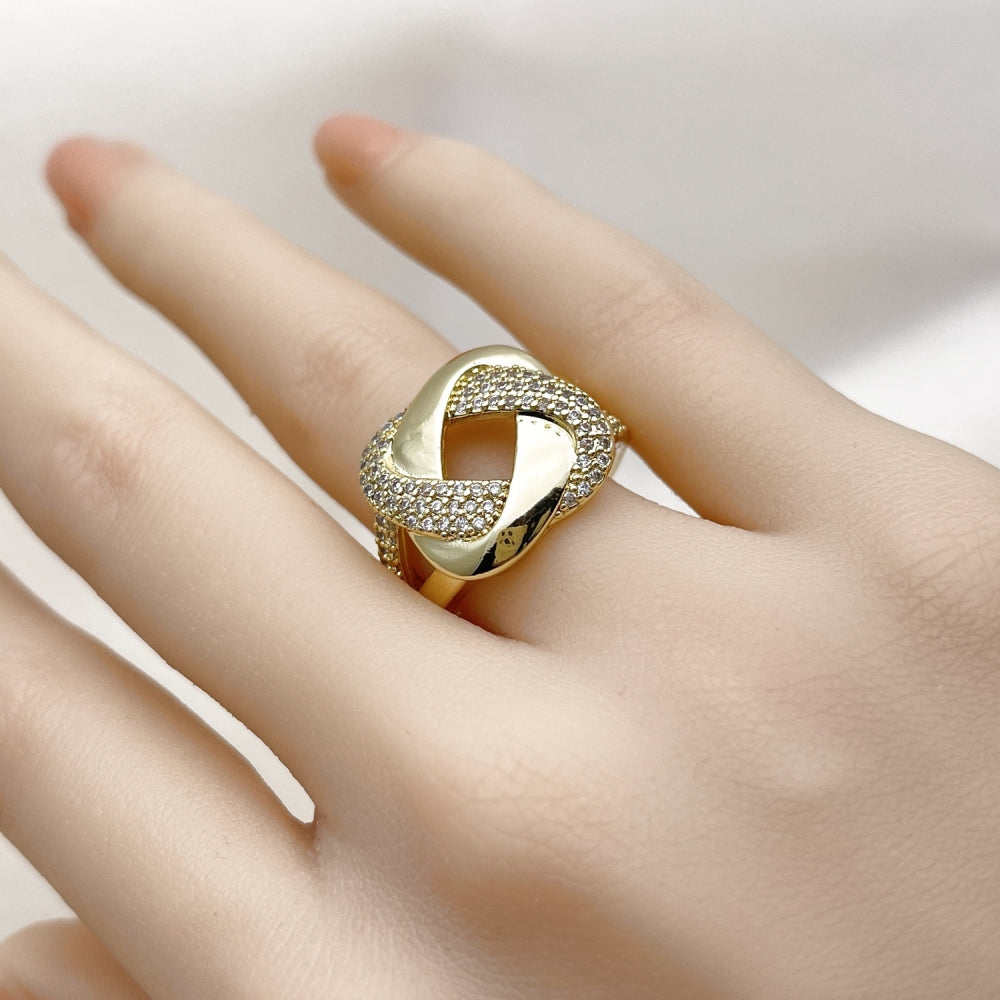 Oro Laminado Multi Stone Ring, Gold Filled Style Love Knot Design, with White Micro Pave, Polished, Golden Finish