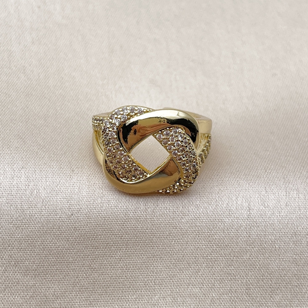 Oro Laminado Multi Stone Ring, Gold Filled Style Love Knot Design, with White Micro Pave, Polished, Golden Finish