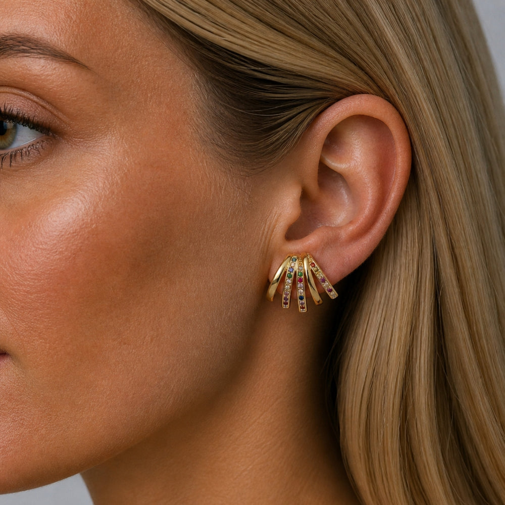 Oro Laminado Stud Earring, Gold Filled Style with Multicolor Cubic Zirconia, Polished, Golden Finish