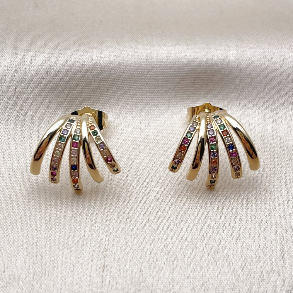 Oro Laminado Stud Earring, Gold Filled Style with Multicolor Cubic Zirconia, Polished, Golden Finish