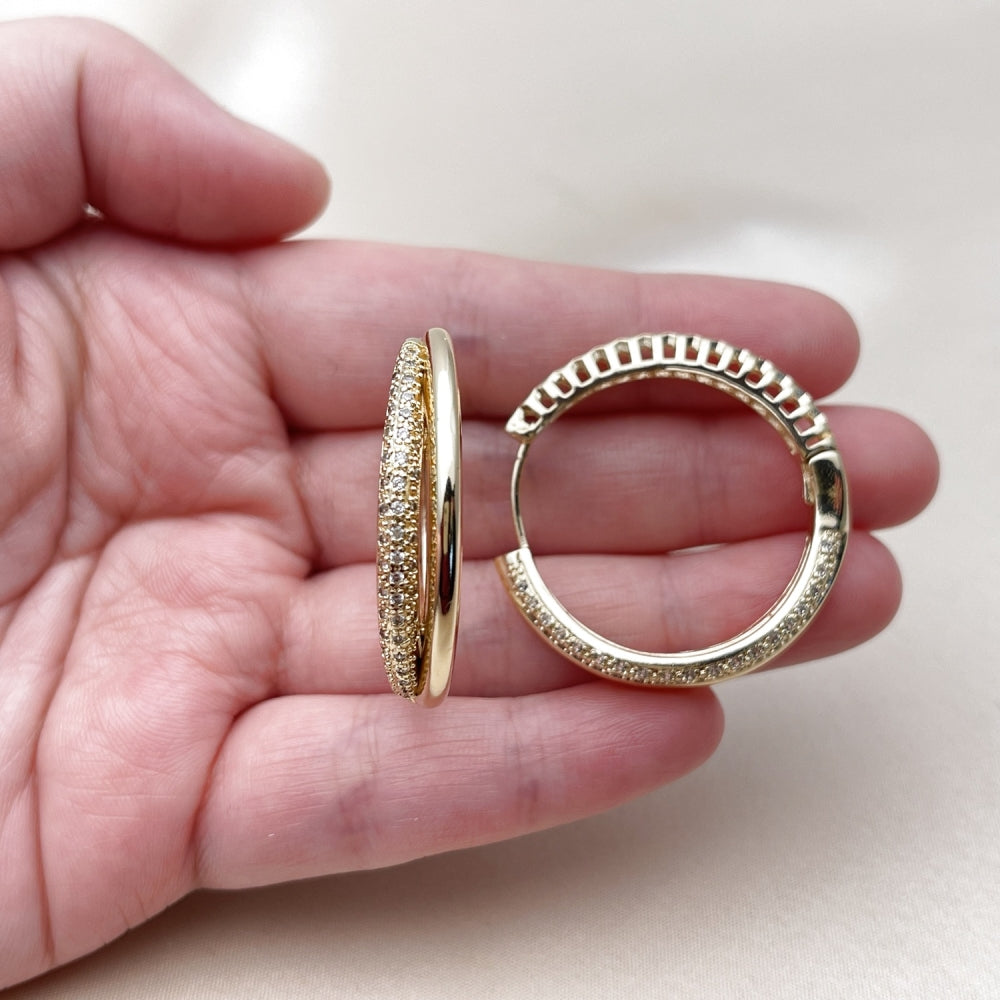 Oro Laminado Huggie Hoop, Gold Filled Style with White Cubic Zirconia, Polished, Golden Finish