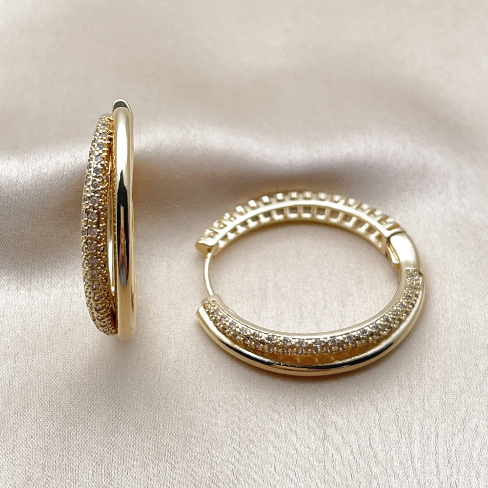 Oro Laminado Huggie Hoop, Gold Filled Style with White Cubic Zirconia, Polished, Golden Finish