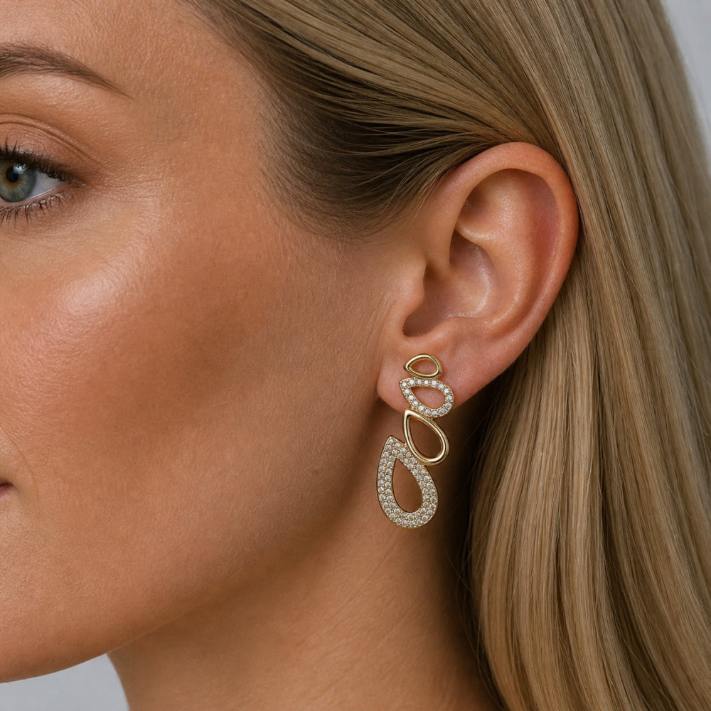 Oro Laminado Stud Earring, Gold Filled Style Teardrop Design, with White Micro Pave, Polished, Golden Finish