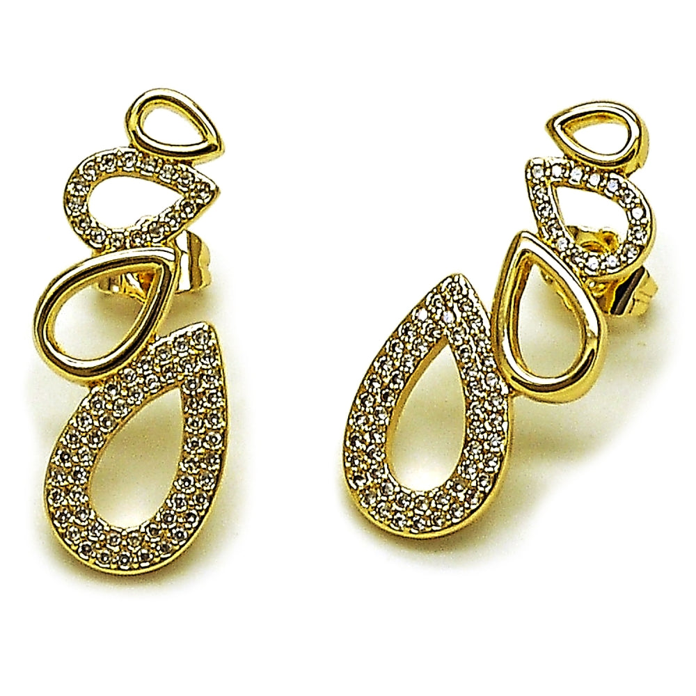 Oro Laminado Stud Earring, Gold Filled Style Teardrop Design, with White Micro Pave, Polished, Golden Finish