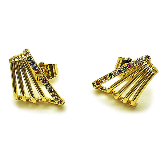 Oro Laminado Stud Earring, Gold Filled Style with White Micro Pave, Polished, Golden Finish