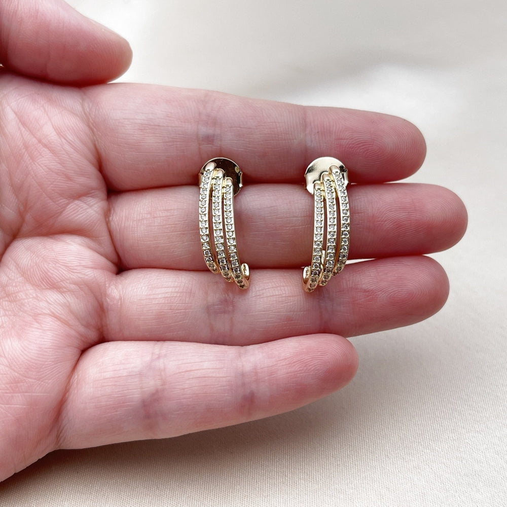 Oro Laminado Stud Earring, Gold Filled Style with White Micro Pave, Polished, Golden Finish