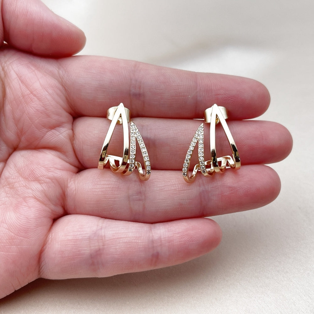 Oro Laminado Stud Earring, Gold Filled Style Teardrop Design, with White Micro Pave, Polished, Golden Finish