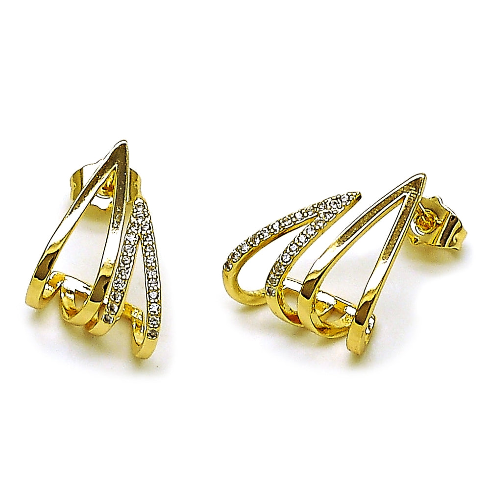 Oro Laminado Stud Earring, Gold Filled Style Teardrop Design, with White Micro Pave, Polished, Golden Finish