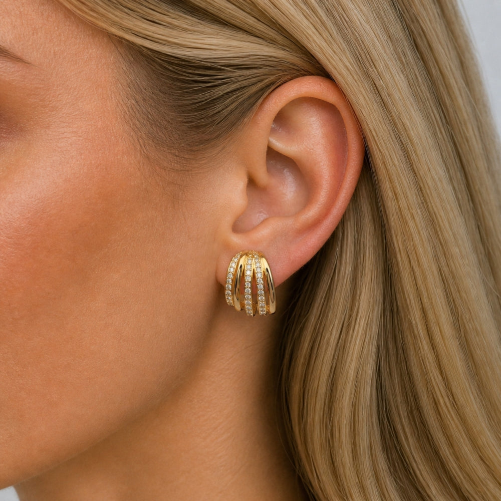 Oro Laminado Stud Earring, Gold Filled Style with White Micro Pave, Polished, Golden Finish