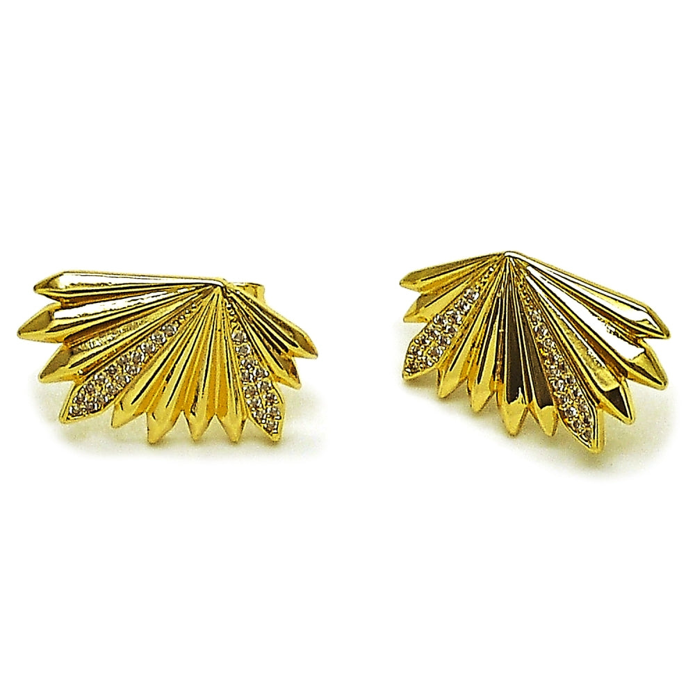 Oro Laminado Stud Earring, Gold Filled Style Leaf Design, with White Micro Pave, Polished, Golden Finish