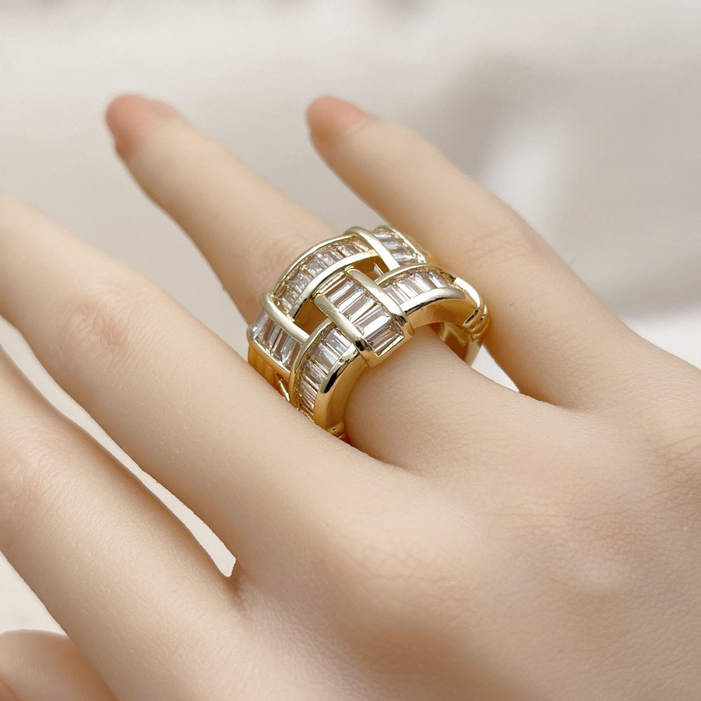 Oro Laminado Multi Stone Ring, Gold Filled Style Baguette Design, with White Cubic Zirconia, Polished, Golden Finish