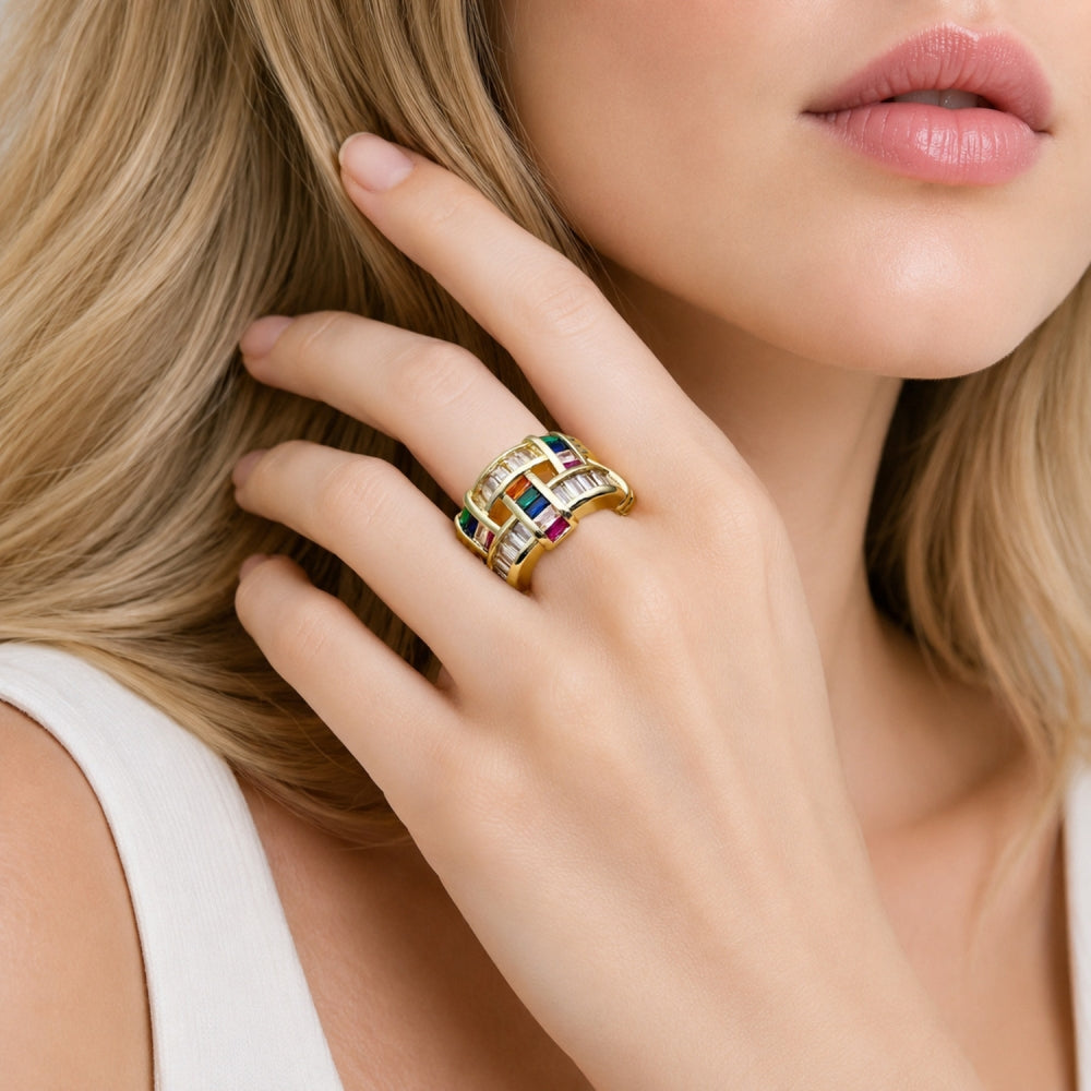 Oro Laminado Multi Stone Ring, Gold Filled Style Baguette Design, with Multicolor Cubic Zirconia, Polished, Golden Finish