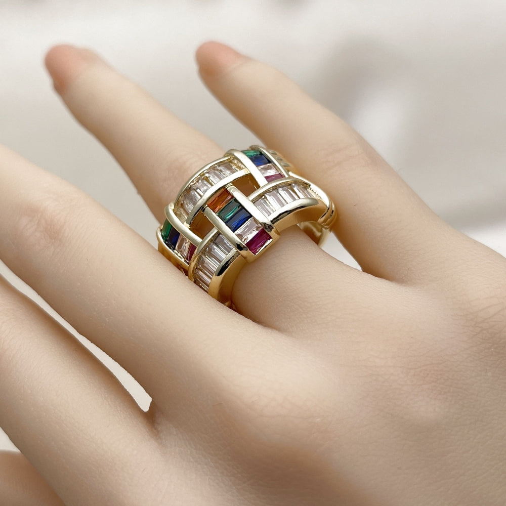 Oro Laminado Multi Stone Ring, Gold Filled Style Baguette Design, with Multicolor Cubic Zirconia, Polished, Golden Finish