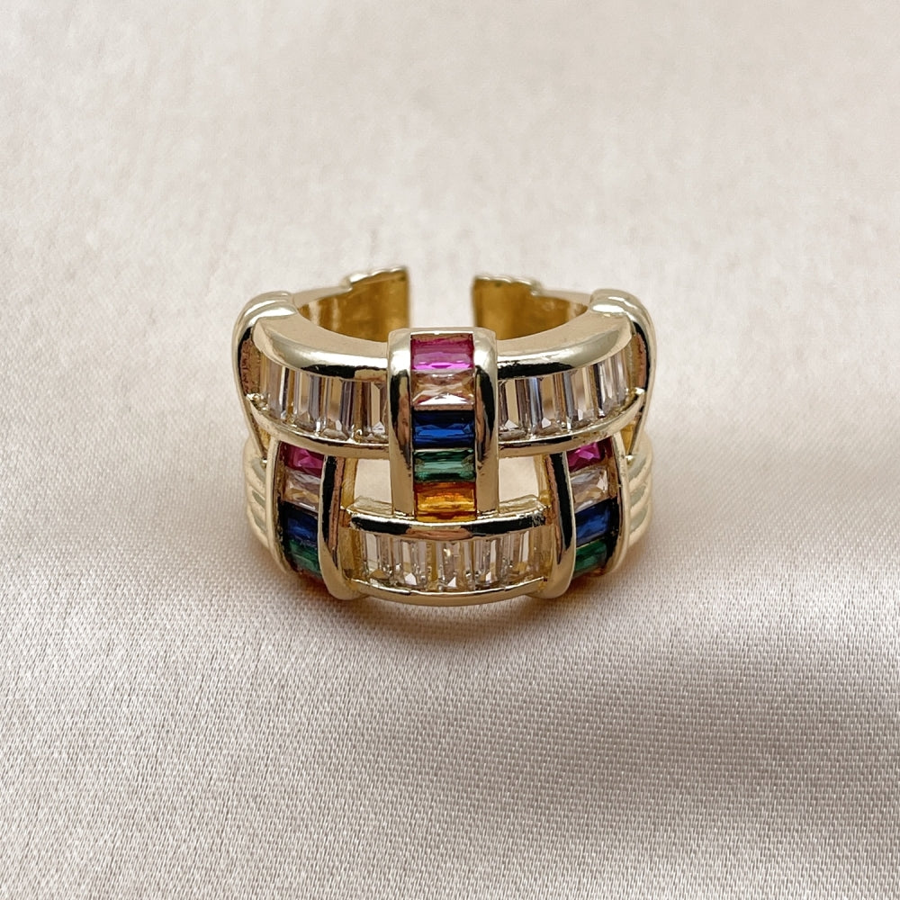 Oro Laminado Multi Stone Ring, Gold Filled Style Baguette Design, with Multicolor Cubic Zirconia, Polished, Golden Finish