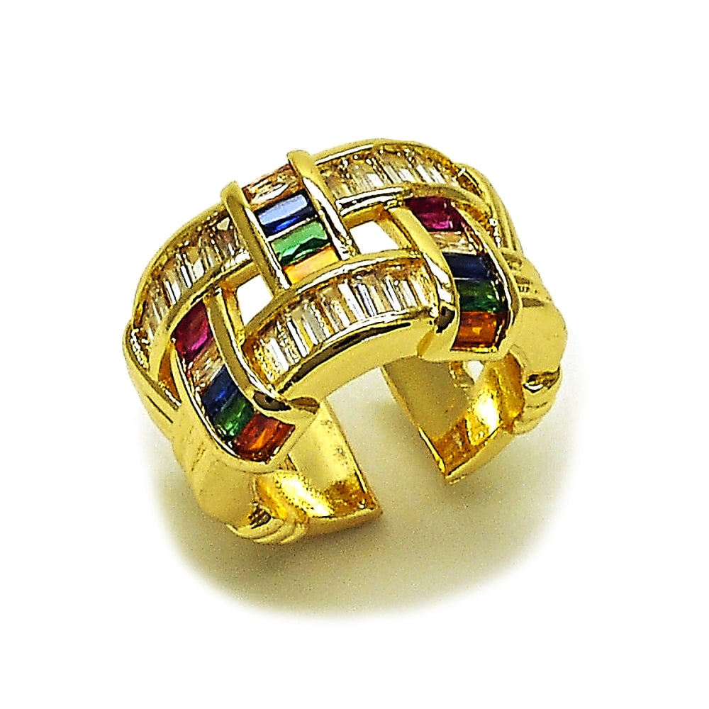 Oro Laminado Multi Stone Ring, Gold Filled Style Baguette Design, with Multicolor Cubic Zirconia, Polished, Golden Finish