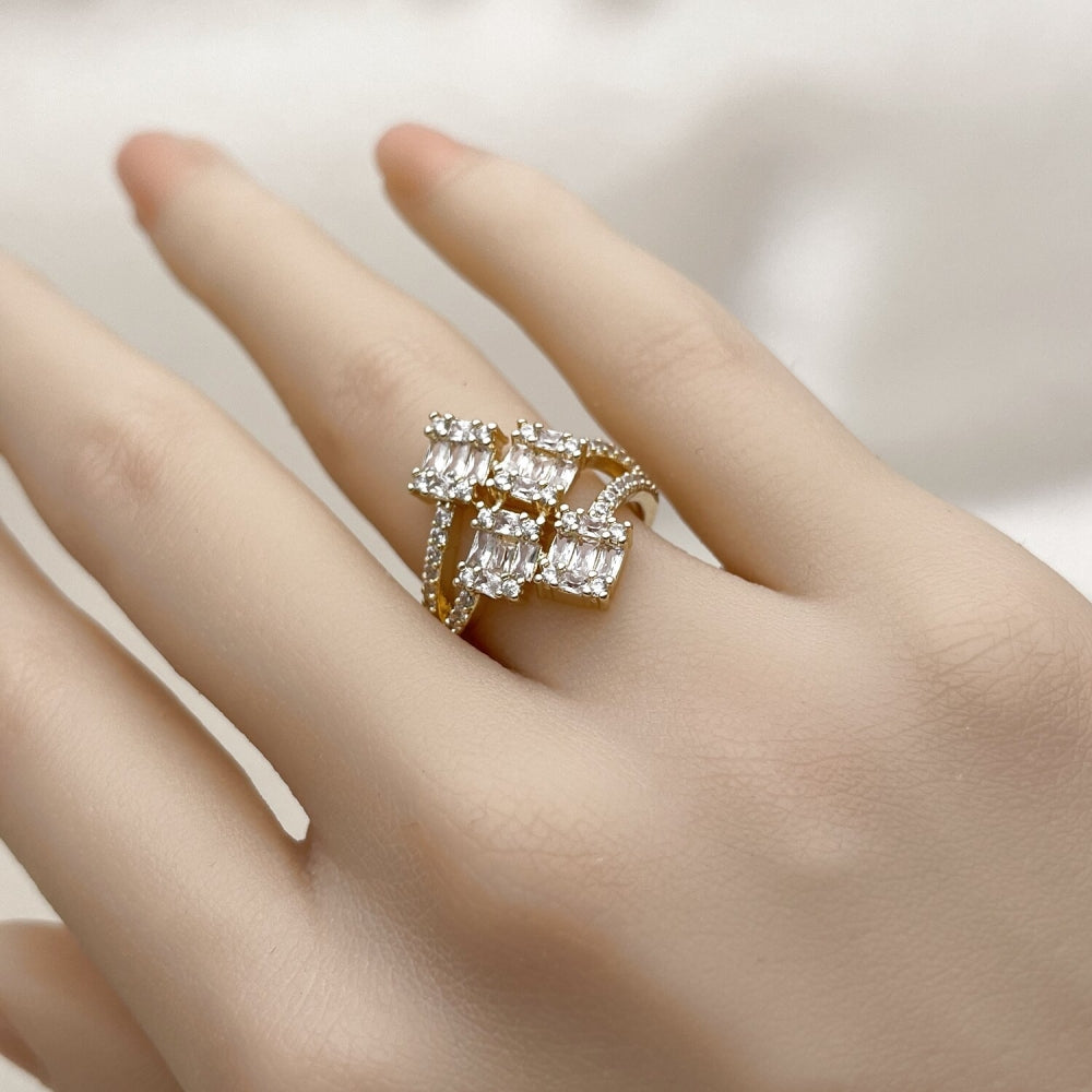 Oro Laminado Multi Stone Ring, Gold Filled Style Baguette Design, with White Cubic Zirconia and White Micro Pave, Polished, Golden Finish