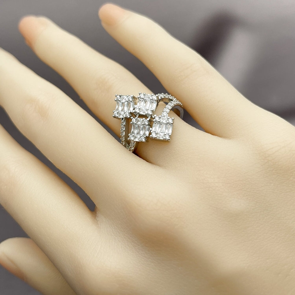 Rhodium Gold Filled Multi Stone Ring, Baguette Design, with White Cubic Zirconia and White Micro Pave, Polished, Rhodium Finish