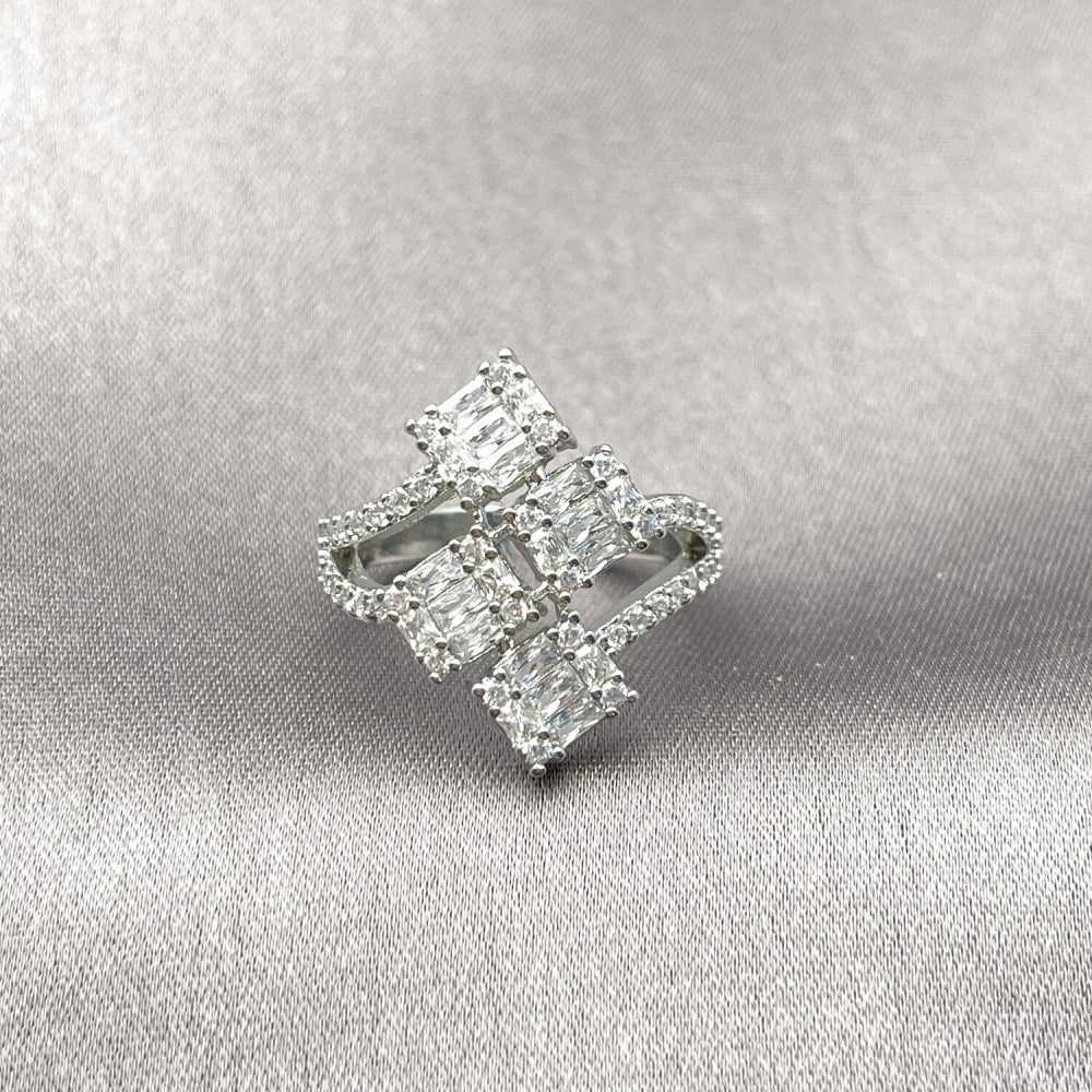 Rhodium Gold Filled Multi Stone Ring, Baguette Design, with White Cubic Zirconia and White Micro Pave, Polished, Rhodium Finish