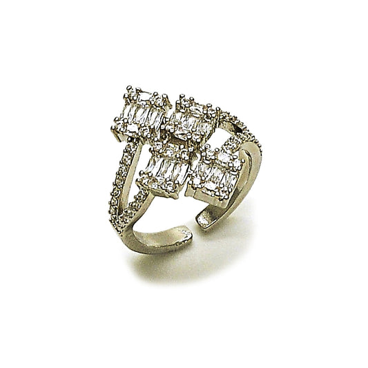Rhodium Gold Filled Multi Stone Ring, Baguette Design, with White Cubic Zirconia and White Micro Pave, Polished, Rhodium Finish
