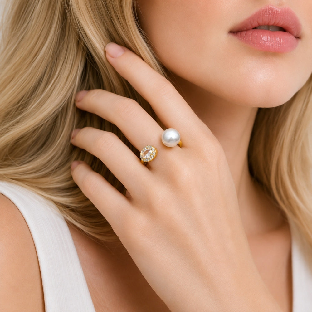 Oro Laminado Multi Stone Ring, Gold Filled Style Ball and Cluster Design, with Ivory Pearl and White Cubic Zirconia, Polished, Golden Finish