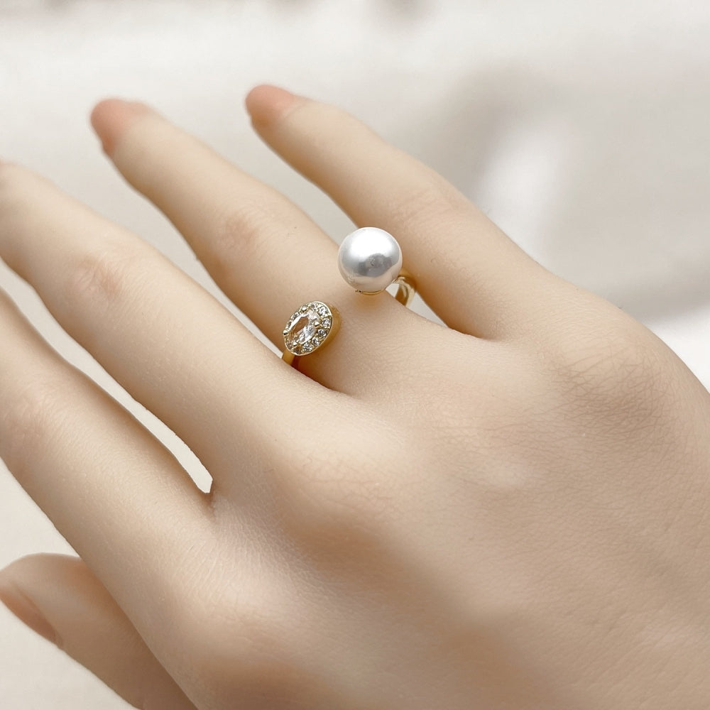 Oro Laminado Multi Stone Ring, Gold Filled Style Ball and Cluster Design, with Ivory Pearl and White Cubic Zirconia, Polished, Golden Finish