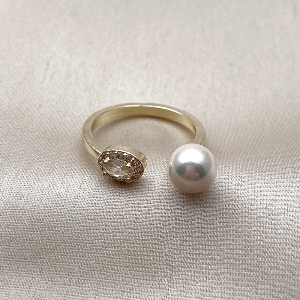 Oro Laminado Multi Stone Ring, Gold Filled Style Ball and Cluster Design, with Ivory Pearl and White Cubic Zirconia, Polished, Golden Finish