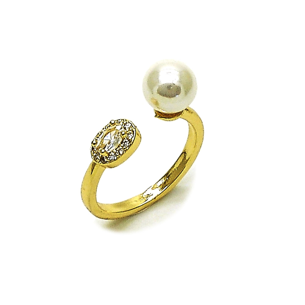 Oro Laminado Multi Stone Ring, Gold Filled Style Ball and Cluster Design, with Ivory Pearl and White Cubic Zirconia, Polished, Golden Finish