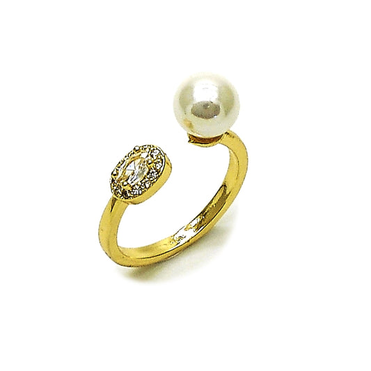 Oro Laminado Multi Stone Ring, Gold Filled Style Ball and Cluster Design, with Ivory Pearl and White Cubic Zirconia, Polished, Golden Finish