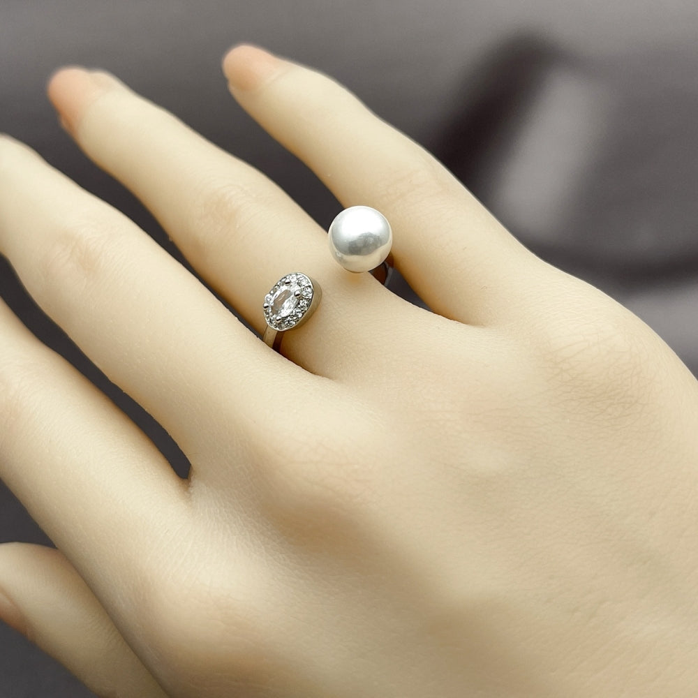 Rhodium Gold Filled Multi Stone Ring, Ball and Cluster Design, with Ivory Pearl and White Cubic Zirconia, Polished, Rhodium Finish