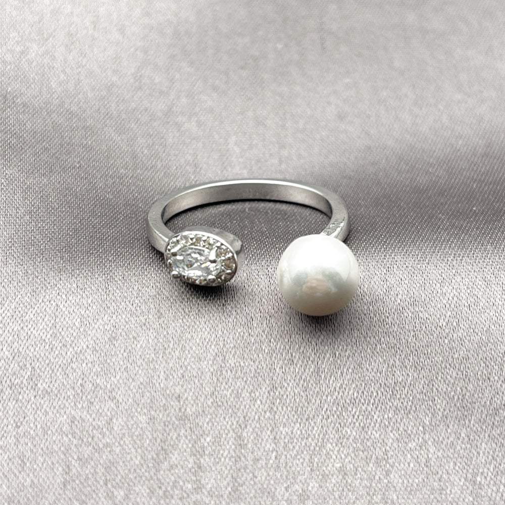 Rhodium Gold Filled Multi Stone Ring, Ball and Cluster Design, with Ivory Pearl and White Cubic Zirconia, Polished, Rhodium Finish