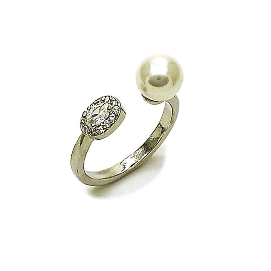Rhodium Gold Filled Multi Stone Ring, Ball and Cluster Design, with Ivory Pearl and White Cubic Zirconia, Polished, Rhodium Finish