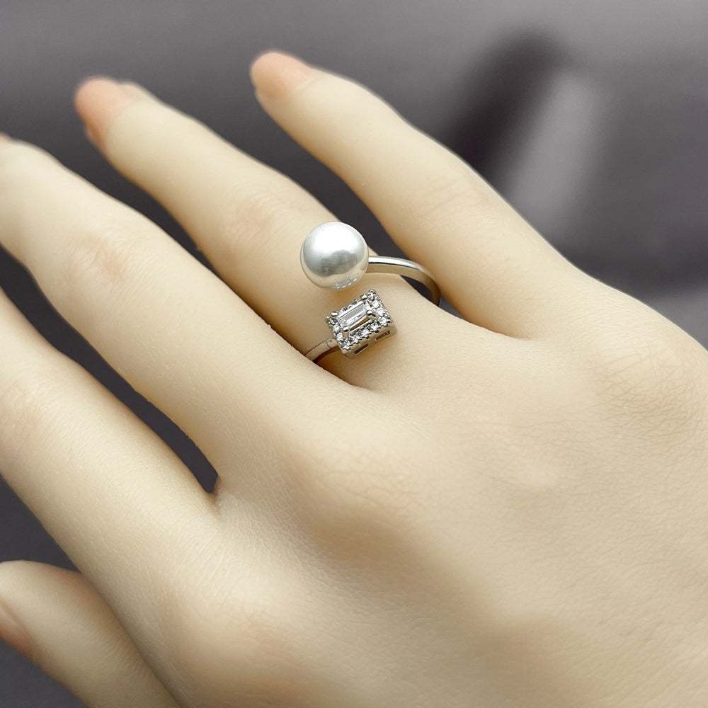 Rhodium Gold Filled Multi Stone Ring, Ball and Cluster Design, with Ivory Pearl and White Cubic Zirconia, Polished, Rhodium Finish