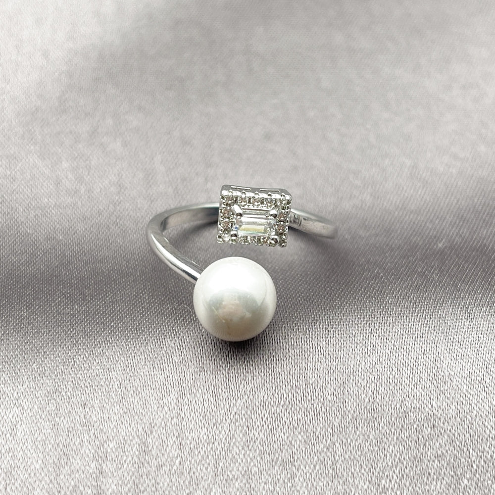 Rhodium Gold Filled Multi Stone Ring, Ball and Cluster Design, with Ivory Pearl and White Cubic Zirconia, Polished, Rhodium Finish