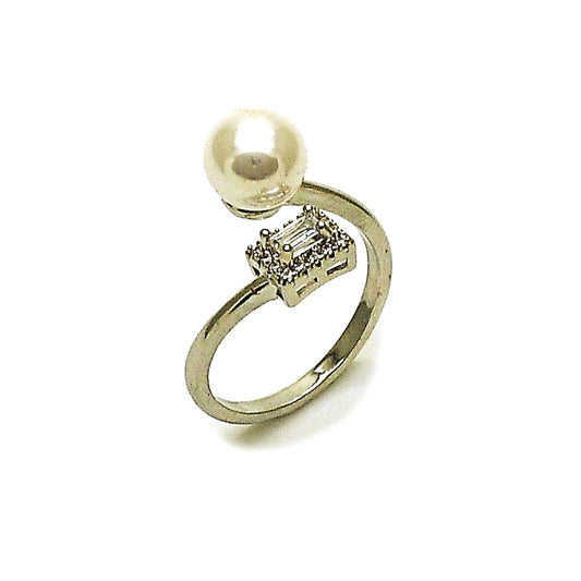 Rhodium Gold Filled Multi Stone Ring, Ball and Cluster Design, with Ivory Pearl and White Cubic Zirconia, Polished, Rhodium Finish