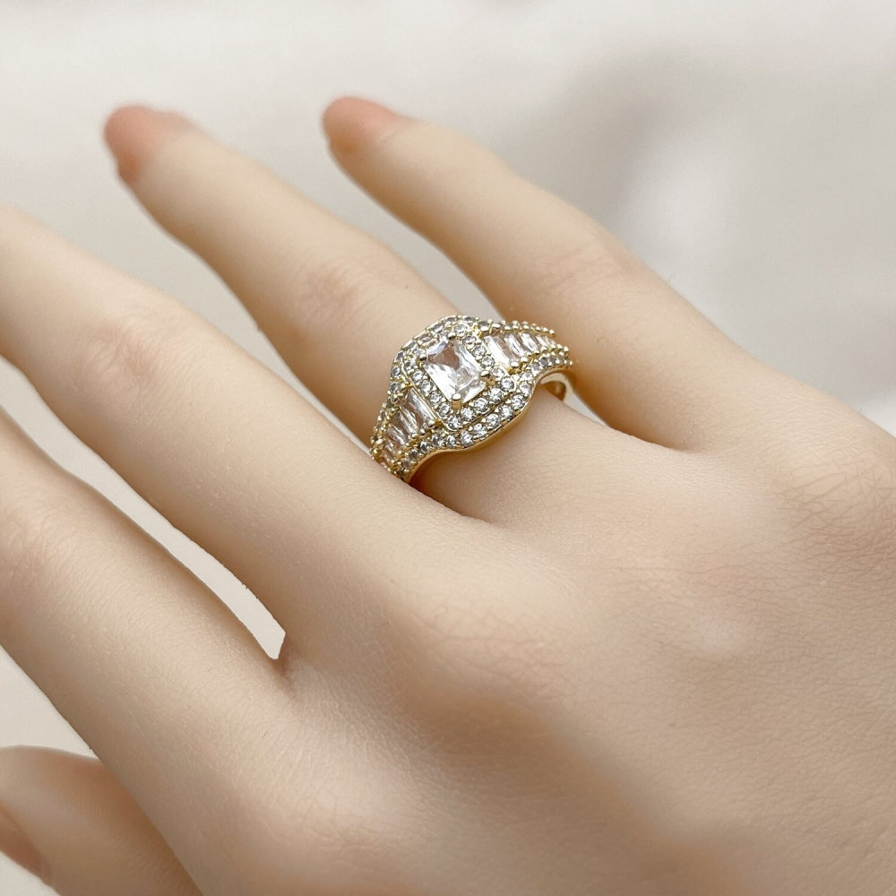 Oro Laminado Multi Stone Ring, Gold Filled Style Baguette and Cluster Design, with White Cubic Zirconia and White Micro Pave, Polished, Golden Finish