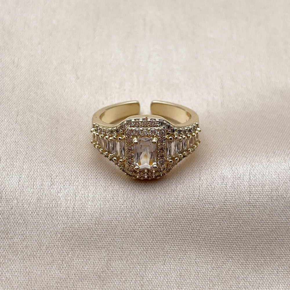 Oro Laminado Multi Stone Ring, Gold Filled Style Baguette and Cluster Design, with White Cubic Zirconia and White Micro Pave, Polished, Golden Finish