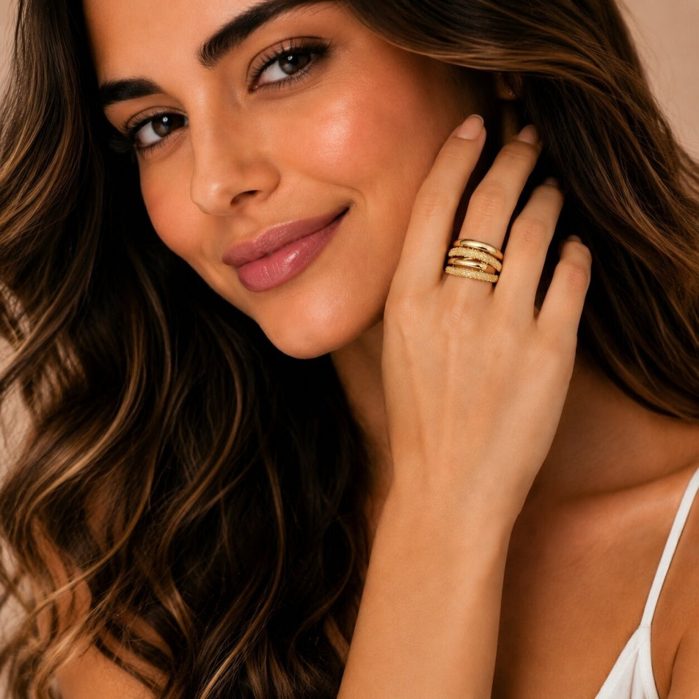 Oro Laminado Multi Stone Ring, Gold Filled Style Nail Design, with White Micro Pave, Polished, Golden Finish