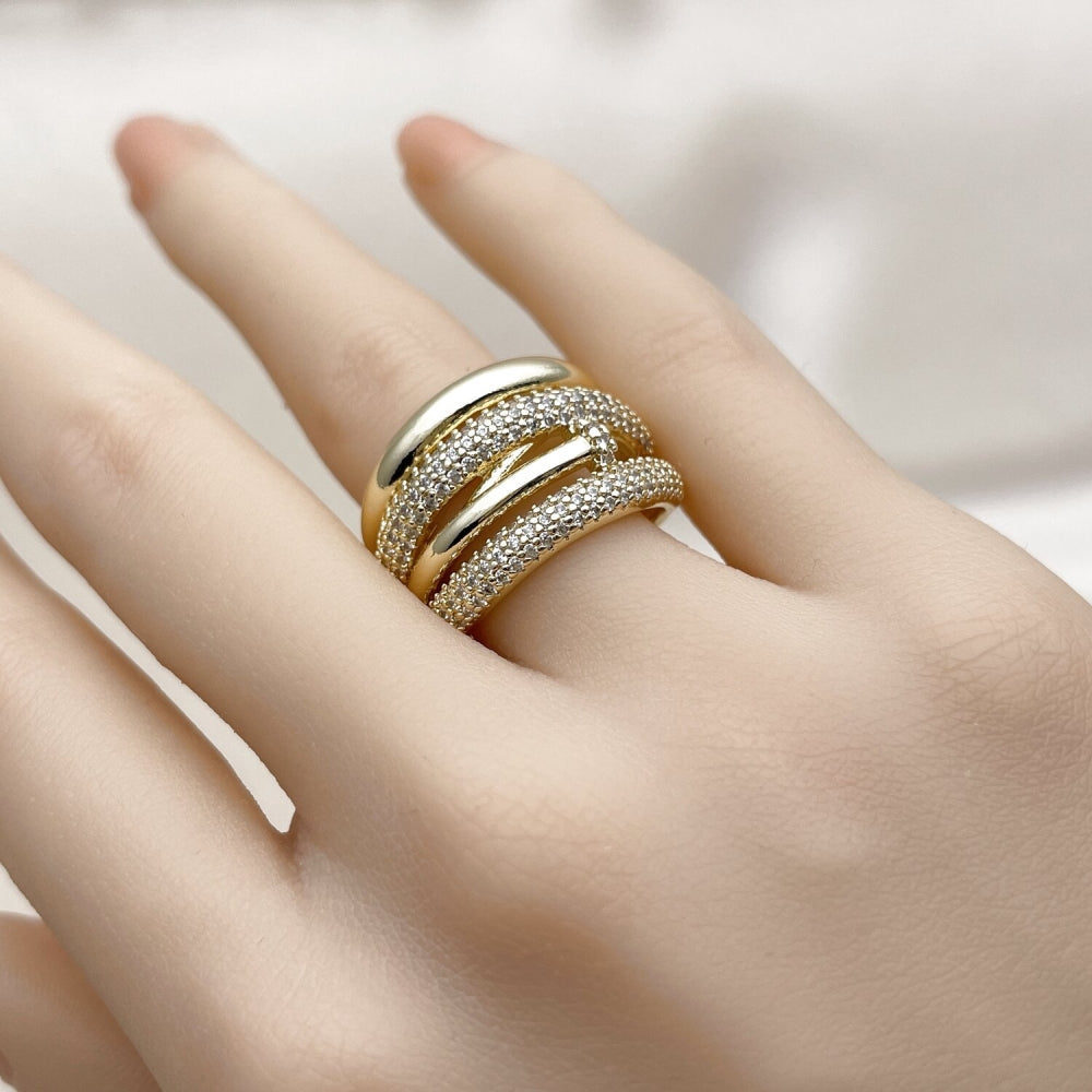 Oro Laminado Multi Stone Ring, Gold Filled Style Nail Design, with White Micro Pave, Polished, Golden Finish