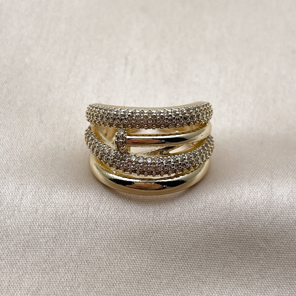 Oro Laminado Multi Stone Ring, Gold Filled Style Nail Design, with White Micro Pave, Polished, Golden Finish