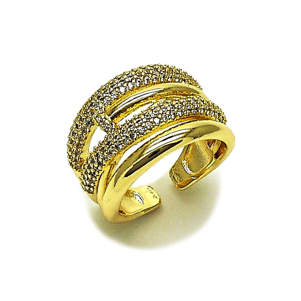 Oro Laminado Multi Stone Ring, Gold Filled Style Nail Design, with White Micro Pave, Polished, Golden Finish