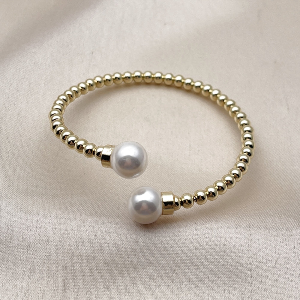 Oro Laminado Individual Bangle, Gold Filled Style Ball Design, with Ivory Pearl, Polished, Golden Finish
