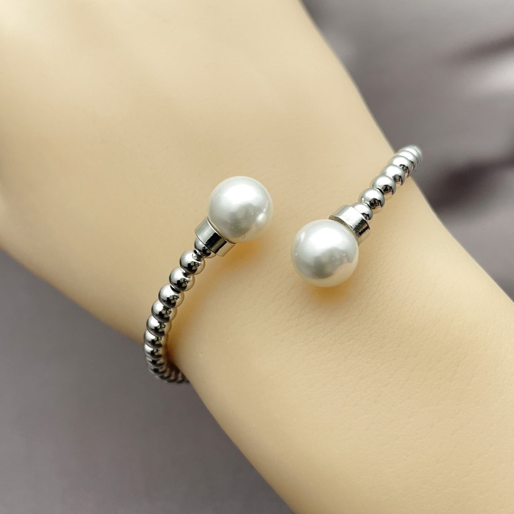 Rhodium Gold Filled Individual Bangle, Ball Design, with Ivory Pearl, Polished, Rhodium Finish