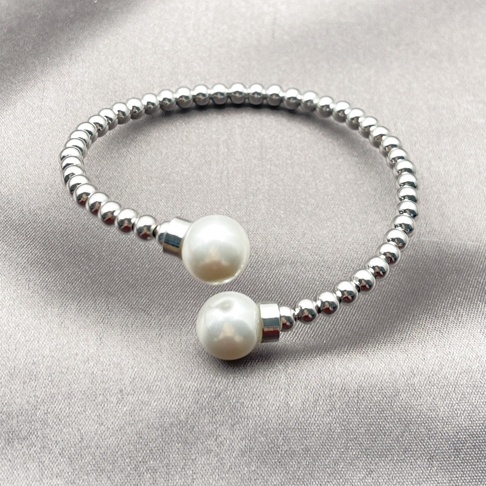 Rhodium Gold Filled Individual Bangle, Ball Design, with Ivory Pearl, Polished, Rhodium Finish