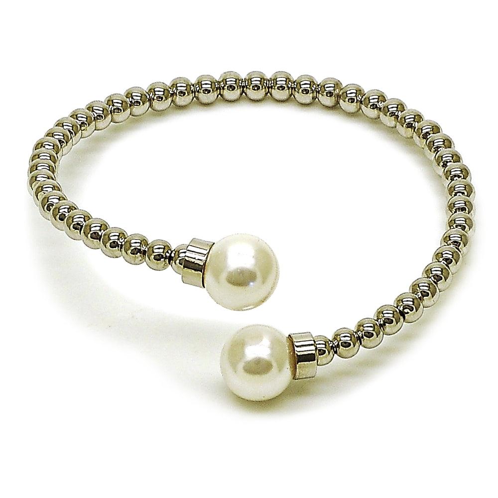Rhodium Gold Filled Individual Bangle, Ball Design, with Ivory Pearl, Polished, Rhodium Finish