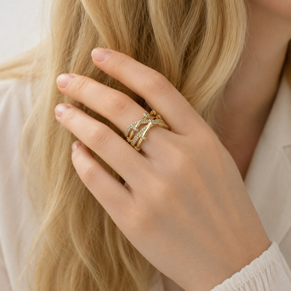 Oro Laminado Multi Stone Ring, Gold Filled Style Bamboo Design, with White Micro Pave, Polished, Golden Finish