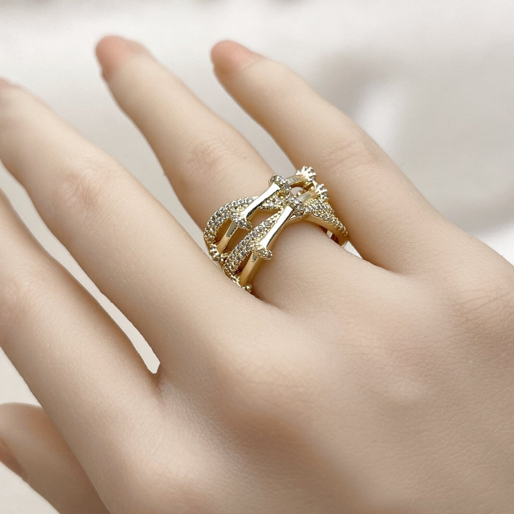 Oro Laminado Multi Stone Ring, Gold Filled Style Bamboo Design, with White Micro Pave, Polished, Golden Finish