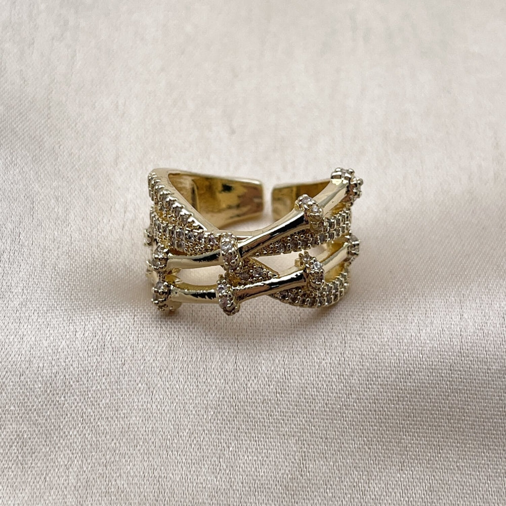 Oro Laminado Multi Stone Ring, Gold Filled Style Bamboo Design, with White Micro Pave, Polished, Golden Finish