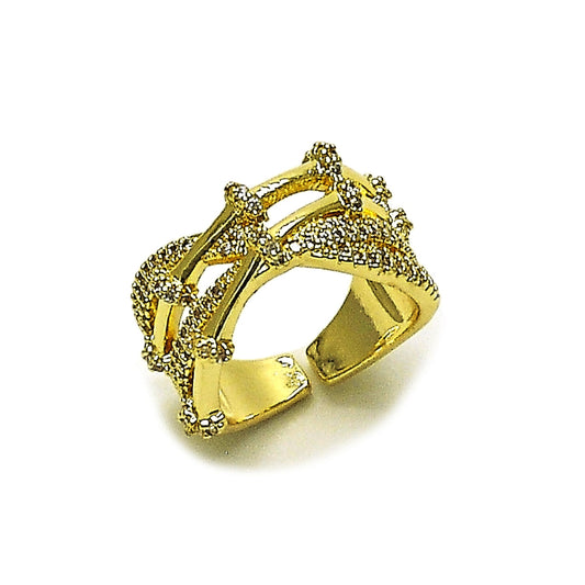 Oro Laminado Multi Stone Ring, Gold Filled Style Bamboo Design, with White Micro Pave, Polished, Golden Finish