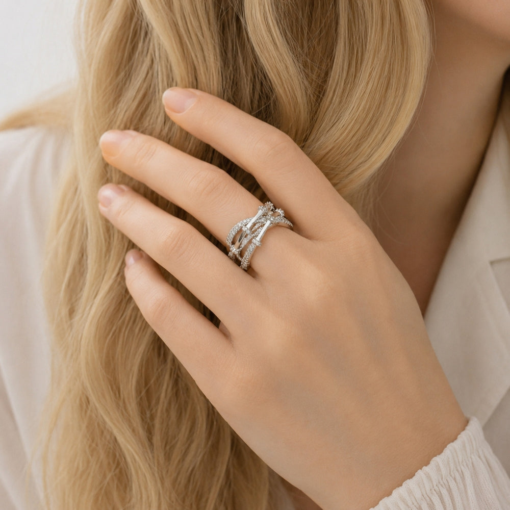 Rhodium Gold Filled Multi Stone Ring, Bamboo Design, with White Micro Pave, Polished, Rhodium Finish